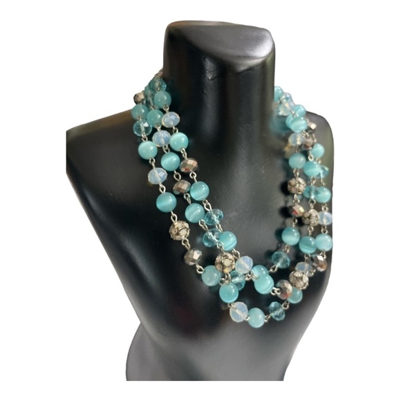 Monet Beaded Necklace Blue Cats Eye Station Layered Aqua Opalite Pave Ball 17.5" - Picture 2 of 6